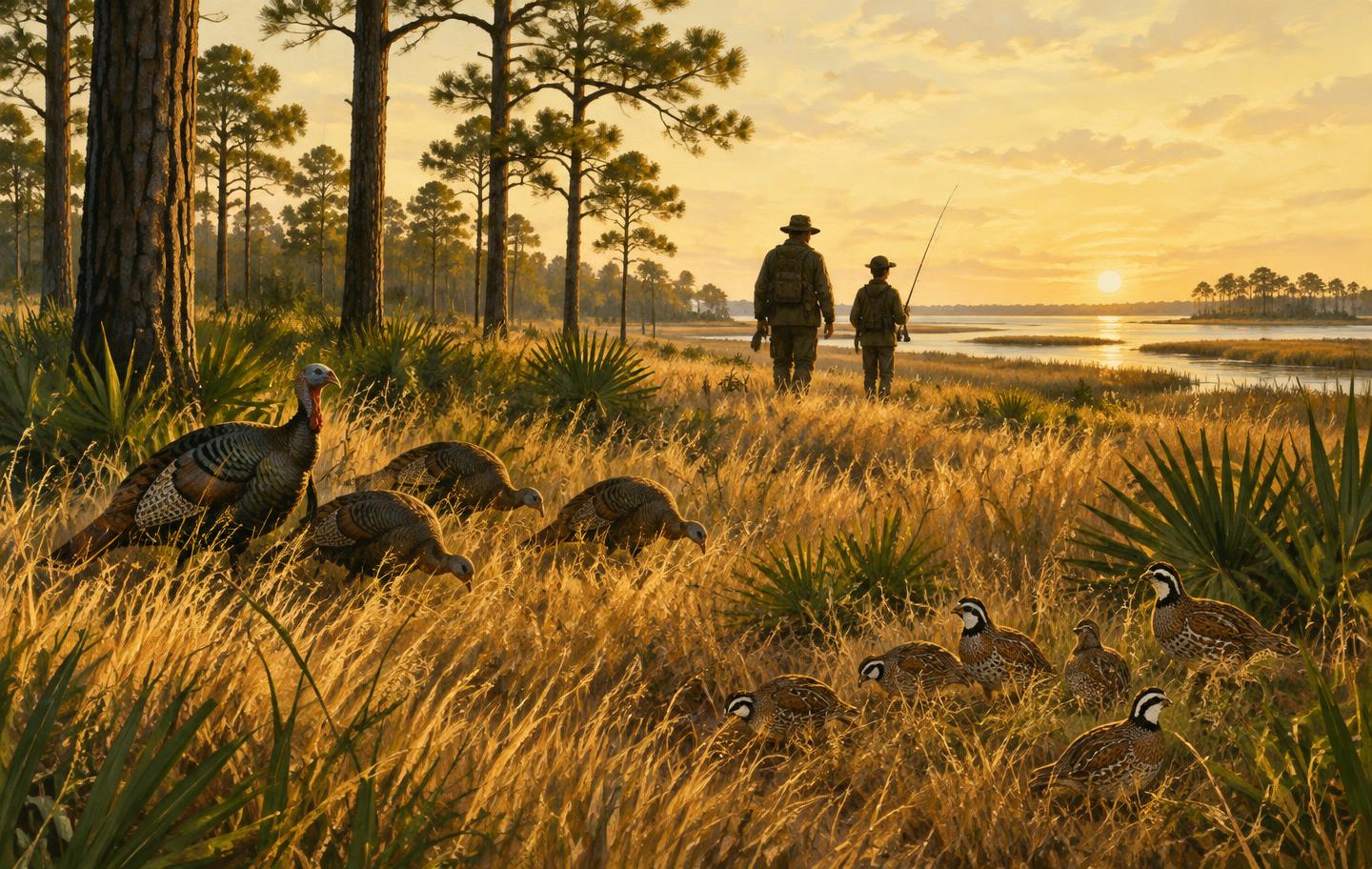 South Carolina pine savanna at golden hour with wild turkeys and quail in the grass