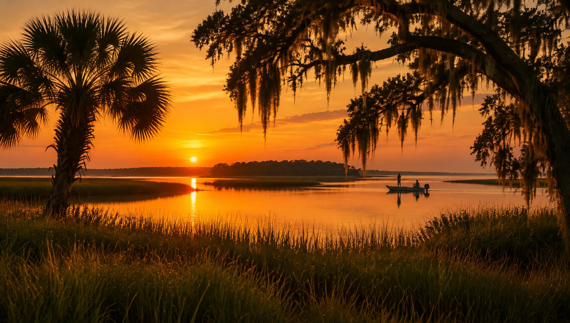 South Carolina marsh at sunset with a fishing boat